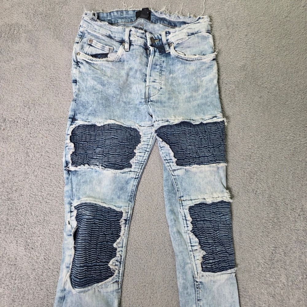 H&M Mens 30 Skinny Fit Moto Biker Jeans Acid Wash Blue Distressed Ribbed 26x29